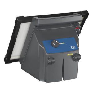 Grey solar-powered energiser used for electric fencing