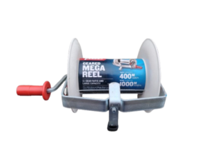 Image of a red and white electric fencing geared reel.